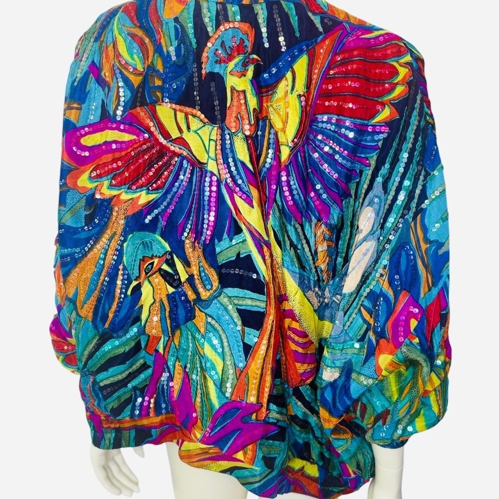 Judith Ann Creations 80's Jewel-Tone Sequin Beaded Tropical Silk Bomber Jacket S